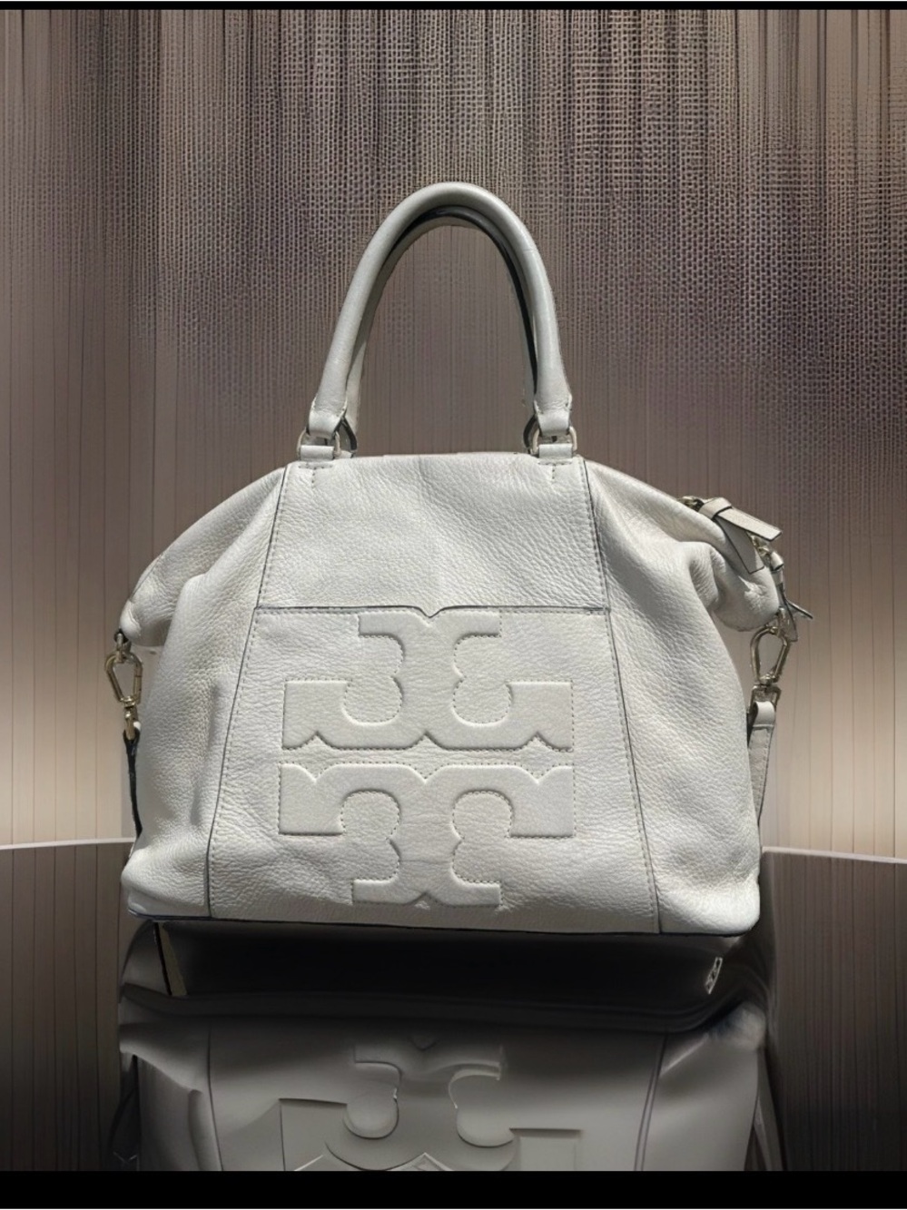 Tory Burch Amanda Satchel Off White Pebbled Leather Crossbody Bag Logo Handbag